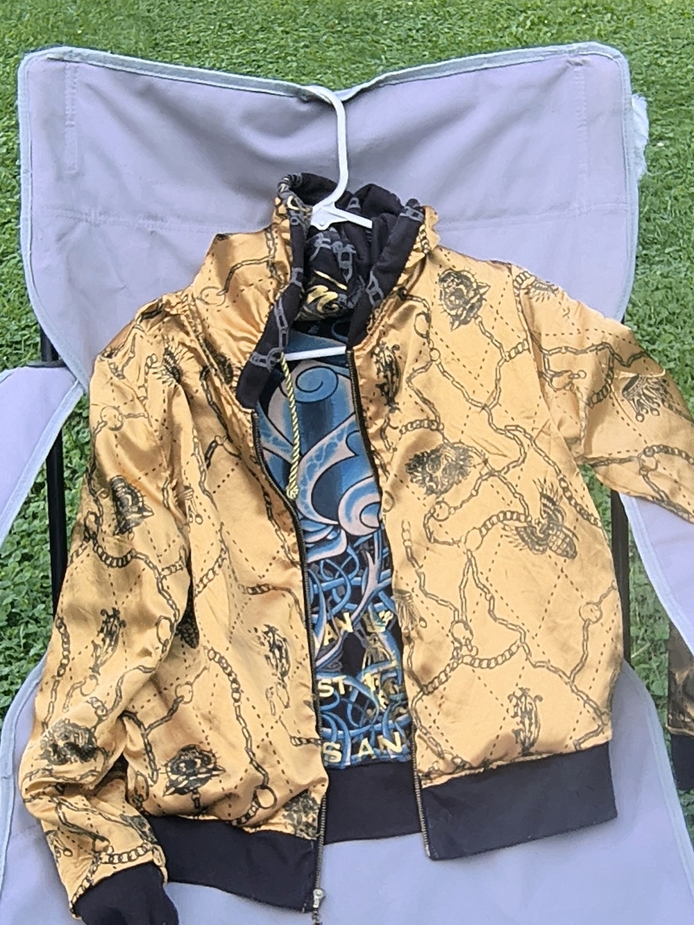 Christian Audigier Gold Chain-Print Bomber Jacket with Black Trim